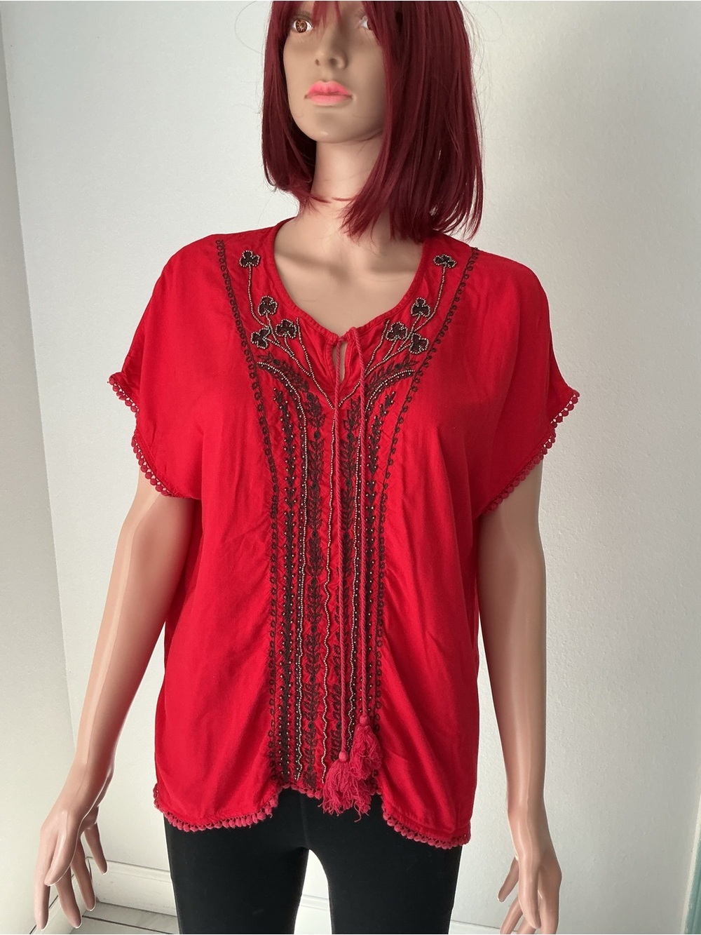 Red Embroidered Women’s Peasant Top.